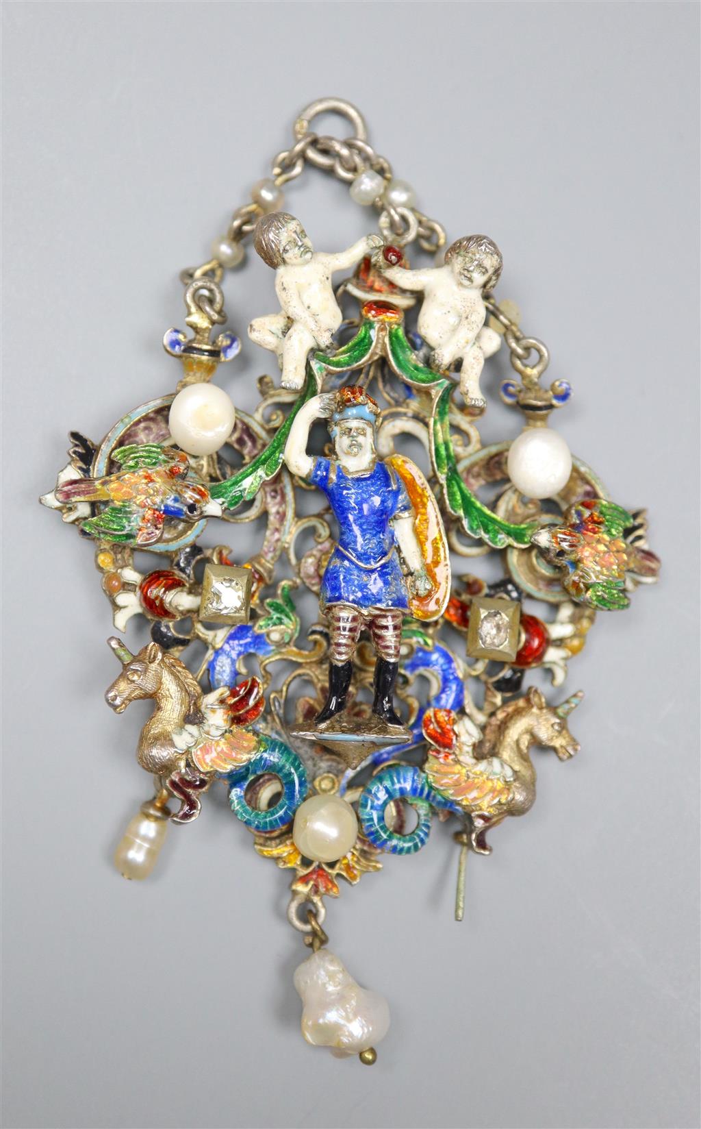 A 19th century Austro-Hungarian white metal, polychrome enamel, baroque pearl and diamond set drop pendant,